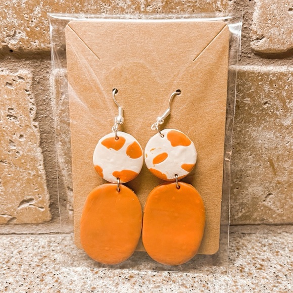 Handmade Orange and White Clay Earrings - Picture 1 of 2